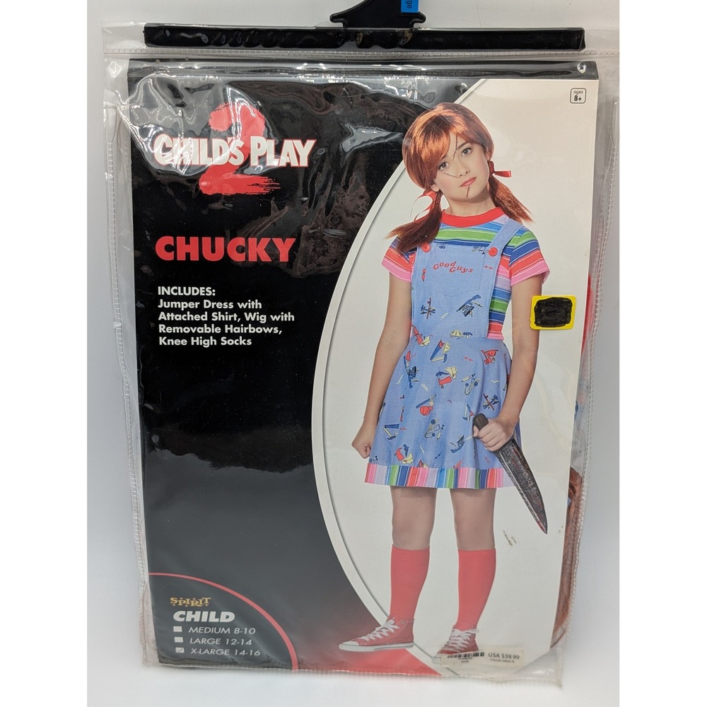 Spirit Halloween Costume Girls XL Blue Chucky Childs Play 2 Dress Wig Socks Set